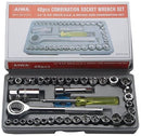 A 40 Pcs Combination Socket Wrench Set with various sizes of sockets and wrenches neatly organized in a black case.