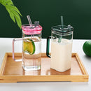 1 Pcs Pink Glass Straw Cup, 6 Colors Square Glass Cup With Straw