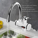 Electric Hot Water Heater Faucet Kitchen Instant Heating Tap. Chrome tap with digital display over a sink.